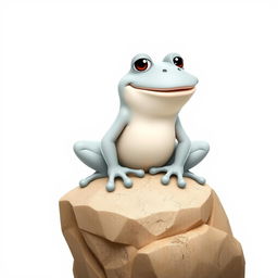 A cartoonish stone frog in a light gray color, designed in a whimsical Disney style, sitting atop a gigantic rock
