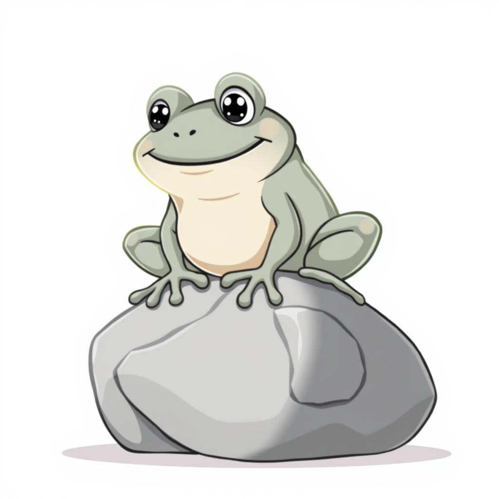 A cartoonish stone frog in a light gray color, designed in a whimsical Disney style, sitting atop a gigantic rock