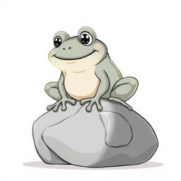 A cartoonish stone frog in a light gray color, designed in a whimsical Disney style, sitting atop a gigantic rock