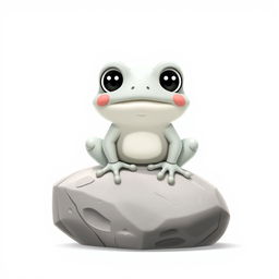 A cartoonish stone frog in a light gray color, designed in a whimsical Disney style, sitting atop a gigantic rock
