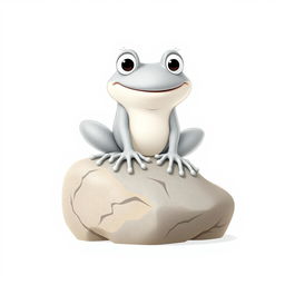 A cartoonish stone frog in a light gray color, designed in a whimsical Disney style, sitting atop a gigantic rock