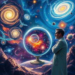 A cosmic landscape illustrating the laws of the universe, featuring swirling galaxies, bright stars, and nebulas, with elements like gravity, electromagnetism, and quantum mechanics visualized through vibrant colors and dynamic forms