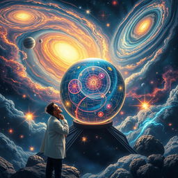 A cosmic landscape illustrating the laws of the universe, featuring swirling galaxies, bright stars, and nebulas, with elements like gravity, electromagnetism, and quantum mechanics visualized through vibrant colors and dynamic forms