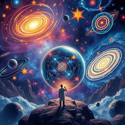A cosmic landscape illustrating the laws of the universe, featuring swirling galaxies, bright stars, and nebulas, with elements like gravity, electromagnetism, and quantum mechanics visualized through vibrant colors and dynamic forms