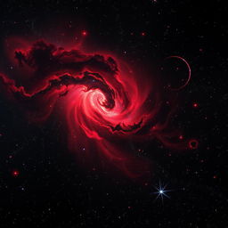 A stunning black and red galaxy scene featuring swirling cosmic clouds and vibrant stars scattered throughout