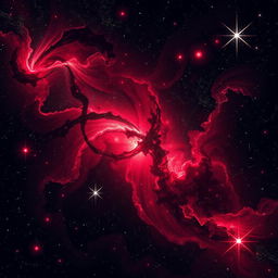A stunning black and red galaxy scene featuring swirling cosmic clouds and vibrant stars scattered throughout