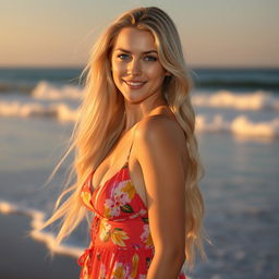 A sexy white girl with long flowing blonde hair, wearing a vibrant summer dress that accentuates her curves