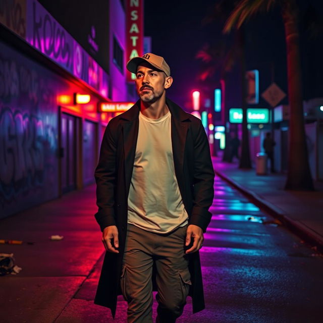 A bald man wearing a dockworker's hat, a long dark coat, a white t-shirt, and cargo jeans walks alone on a dimly lit Los Angeles street at night