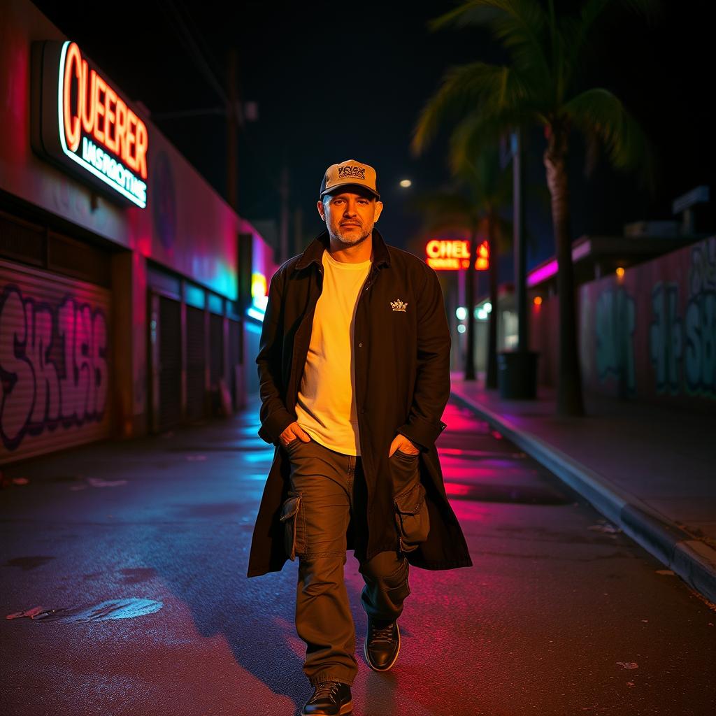 A bald man wearing a dockworker's hat, a long dark coat, a white t-shirt, and cargo jeans walks alone on a dimly lit Los Angeles street at night