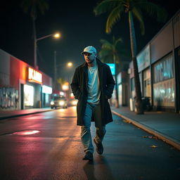 A bald man wearing a dockworker's hat, a long dark coat, a white t-shirt, and cargo jeans walks alone on a dimly lit Los Angeles street at night