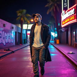 A bald man wearing a dockworker's hat, a long dark coat, a white t-shirt, and cargo jeans walks alone on a dimly lit Los Angeles street at night