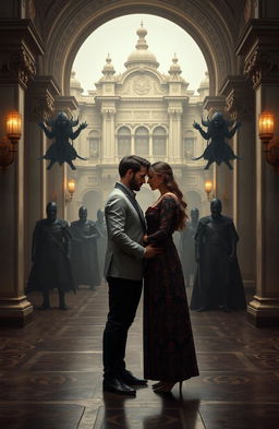 A romantic couple standing in the center of an ornate surrounding, with a grand palace in the background