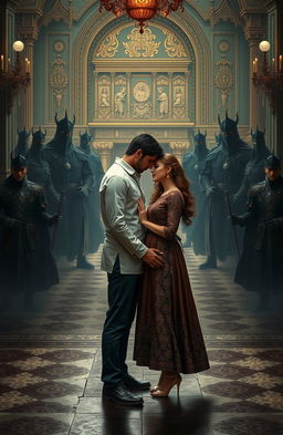 A romantic couple standing in the center of an ornate surrounding, with a grand palace in the background