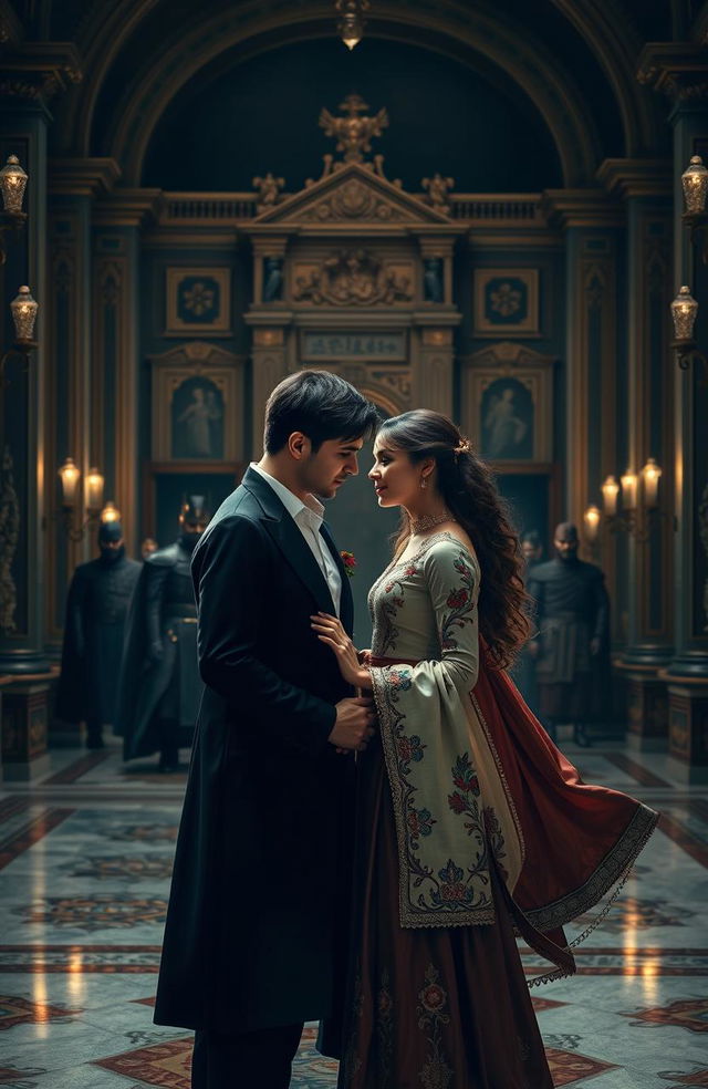 A romantic couple standing in the center of an ornate surrounding, with a grand palace in the background