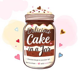 A creative and vibrant label design for a cake in a jar, featuring a colorful, whimsical illustration of a cake layered inside the jar