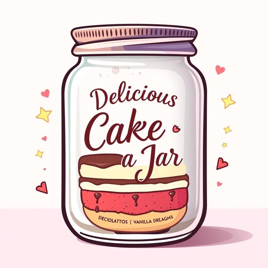 A creative and vibrant label design for a cake in a jar, featuring a colorful, whimsical illustration of a cake layered inside the jar