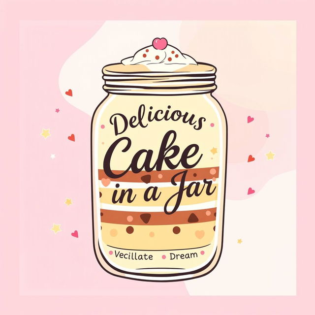 A creative and vibrant label design for a cake in a jar, featuring a colorful, whimsical illustration of a cake layered inside the jar