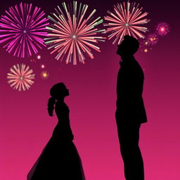 A striking silhouette of a tall male dressed in a formal suit standing beside a girl in an elegant gown, set against a dark pink and black background