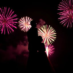 A striking silhouette of a tall male dressed in a formal suit standing beside a girl in an elegant gown, set against a dark pink and black background