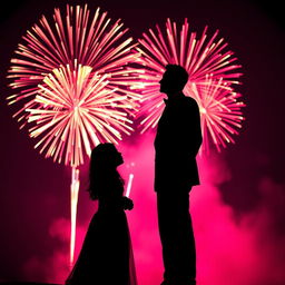 A striking silhouette of a tall male dressed in a formal suit standing beside a girl in an elegant gown, set against a dark pink and black background