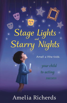 A soft, ethereal twilight scene featuring a young child gazing up at a canopy of twinkling stars shaped like classic theatrical symbols including masks, a comedy/tragedy emblem, and a gilded frame