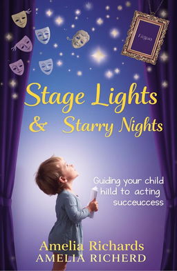 A soft, ethereal twilight scene featuring a young child gazing up at a canopy of twinkling stars shaped like classic theatrical symbols including masks, a comedy/tragedy emblem, and a gilded frame