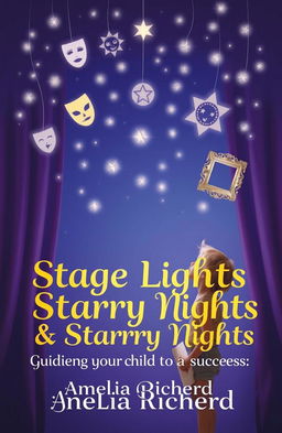 A soft, ethereal twilight scene featuring a young child gazing up at a canopy of twinkling stars shaped like classic theatrical symbols including masks, a comedy/tragedy emblem, and a gilded frame