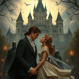 A romantic couple at the center of an enchanting scene, with a magnificent palace towering in the background