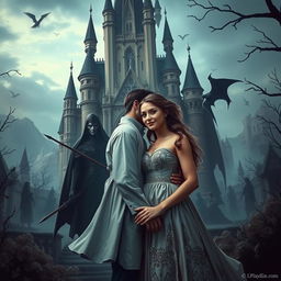 A romantic couple at the center of an enchanting scene, with a magnificent palace towering in the background