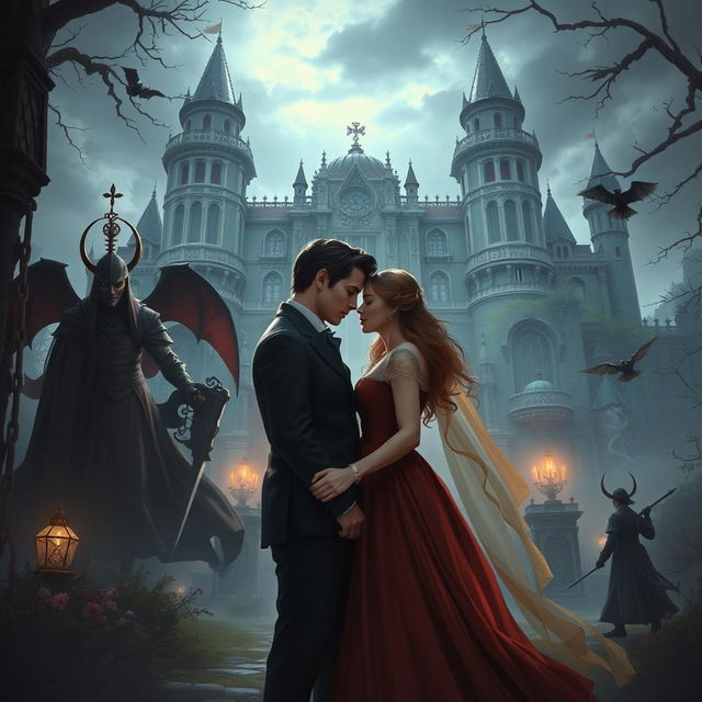 A romantic couple at the center of an enchanting scene, with a magnificent palace towering in the background