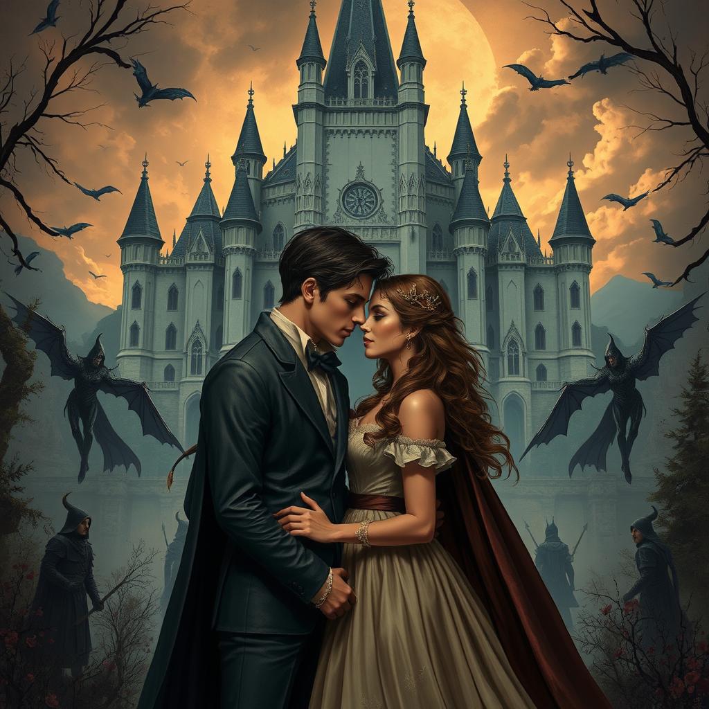 A romantic couple at the center of an enchanting scene, with a magnificent palace towering in the background