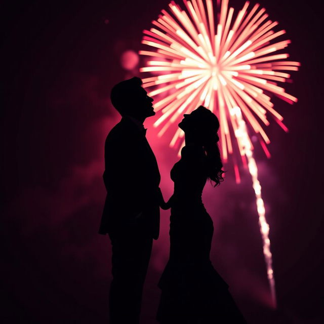 A striking silhouette of a tall male dressed in a formal suit standing beside a female in an elegant gown, set against a dark pink and black background