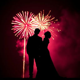 A striking silhouette of a tall male dressed in a formal suit standing beside a female in an elegant gown, set against a dark pink and black background