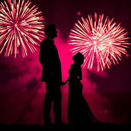 A striking silhouette of a tall male dressed in a formal suit standing beside a female in an elegant gown, set against a dark pink and black background