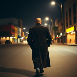 A solitary bald man wearing a long, stylish corduroy coat, strolling down Cranshaw Street in Los Angeles at night