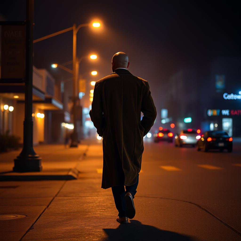 A solitary bald man wearing a long, stylish corduroy coat, strolling down Cranshaw Street in Los Angeles at night