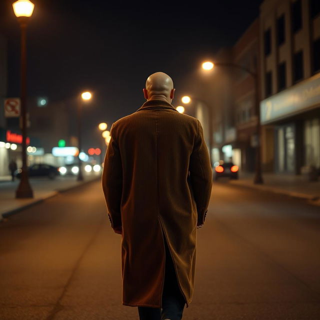 A solitary bald man wearing a long, stylish corduroy coat, strolling down Cranshaw Street in Los Angeles at night