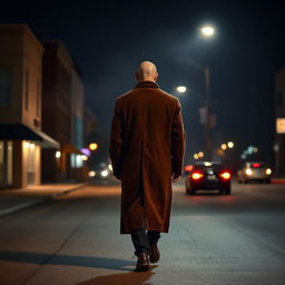A solitary bald man wearing a long, stylish corduroy coat, strolling down Cranshaw Street in Los Angeles at night