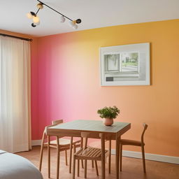 A 10ft x 10ft Airbnb room with a welcoming wall colour, including a small dining table and chairs for four people