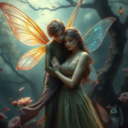 A captivating scene depicting a love story between a fairy and a human woman, set against a stunning fantasy backdrop