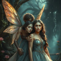 A captivating scene depicting a love story between a fairy and a human woman, set against a stunning fantasy backdrop