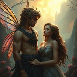 A captivating scene depicting a love story between a fairy and a human woman, set against a stunning fantasy backdrop