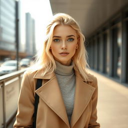 A 35-year-old woman with Scandinavian features, featuring light blonde hair and pale blue eyes, styled in contemporary fashion