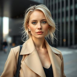 A 35-year-old woman with Scandinavian features, featuring light blonde hair and pale blue eyes, styled in contemporary fashion