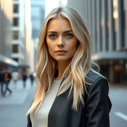 A 35-year-old woman with Scandinavian features, featuring light blonde hair and pale blue eyes, styled in contemporary fashion