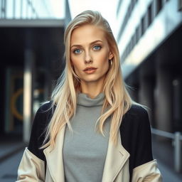 A 35-year-old woman with Scandinavian features, featuring light blonde hair and pale blue eyes, styled in contemporary fashion