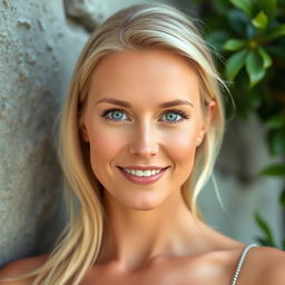 A 39-year-old woman with Scandinavian features, featuring light blonde hair and striking pale blue eyes