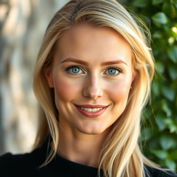 A 39-year-old woman with Scandinavian features, featuring light blonde hair and striking pale blue eyes