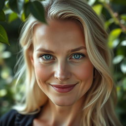 A 39-year-old woman with Scandinavian features, featuring light blonde hair and striking pale blue eyes