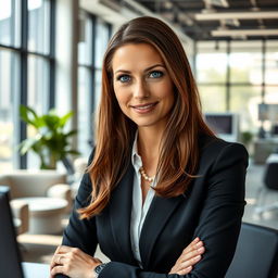A 39-year-old woman with Celtic features, characterized by chestnut brown hair and bright blue eyes, working in a modern office environment